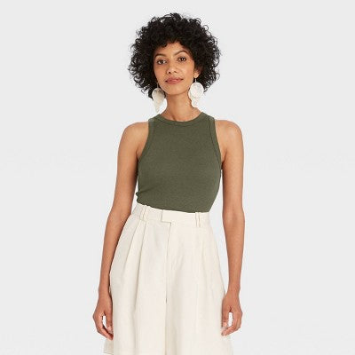 A New Day Qadın Dar Oturan Nervürlü Kolsuz Tank Top Zeytun 4X