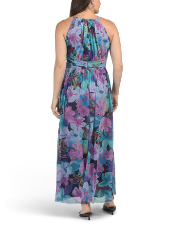 LONDON TIMES Ruched Waist Mesh Halter Neck Maxi Dress
