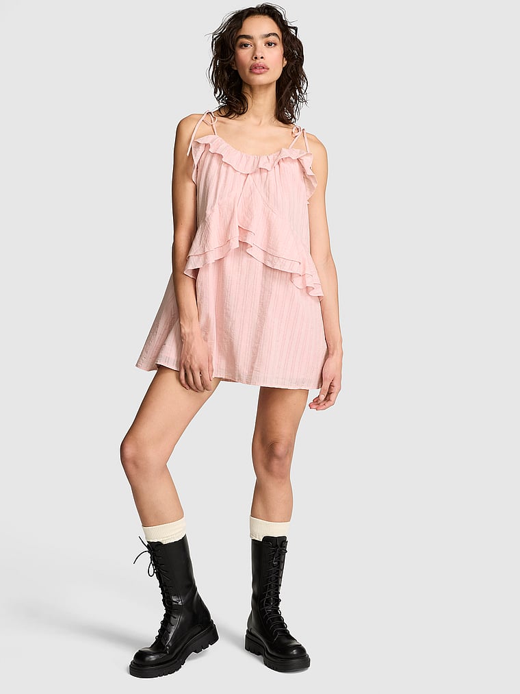 PINK Flowy Ruﬄe Mini Dress