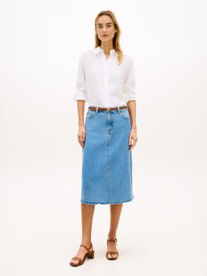 Tommy Hilfiger Xam Kənarı Denim Midi Etek, Orta Yuyulmuş