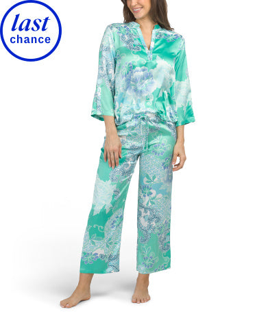 N NATORI 2pc Flourish Çap Saten Mandarin Yaxası Pijama Dəsti