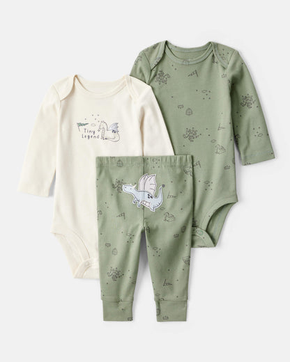 Carter's Oğlan Körpə Əjdaha Baskılı Pambıq Uzun Kollu Bodysuit & Şalvar Seti - Yaşıl/Ağ