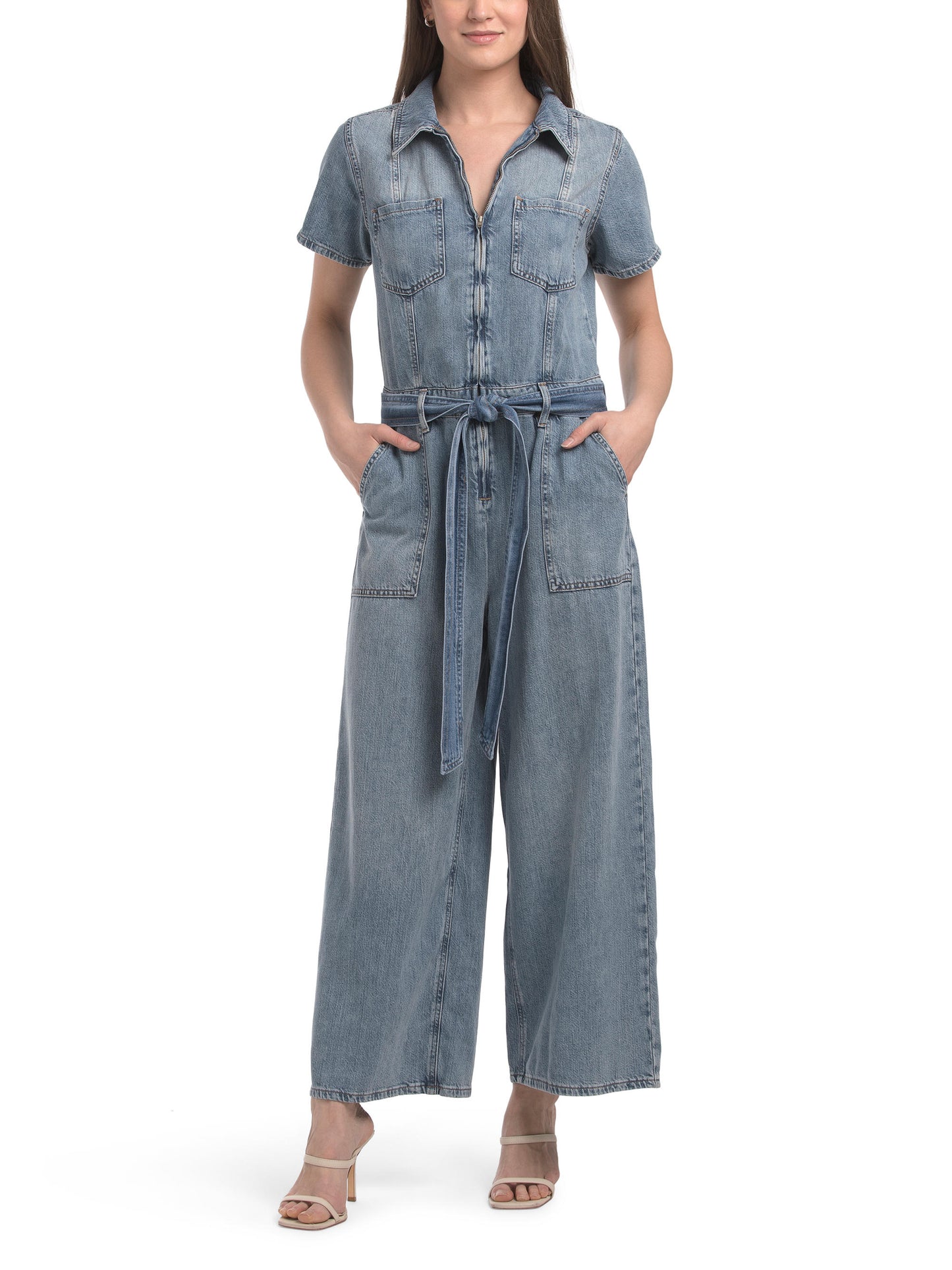 GOOD AMERICAN Linen Blend Fit For Success Lite Denim Qısaldılmış Jumpsuit