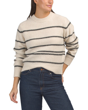 WHITE + WARREN Cashmere Soft Textured Stripe Crew Neck Sweater