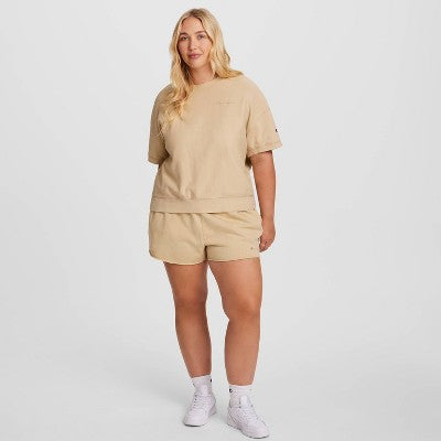 Champion Qadın Vintage Yıkama Qısa Tərəvəz Polar T-Shirt - Açıq Qəhvəyi 1X