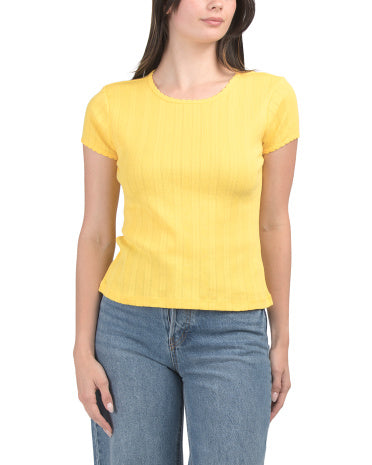 LAURA ASHLEY Qısa Kollu Crew Neck Pointelle Biplə Kənarları Olan Trikotaj Köynək
