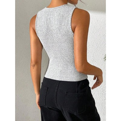 Coolmee Qadın Krop Bluzka Yay Bahar Ribli Atlet Seksi Düymələr T-Shirt Moda L Boz