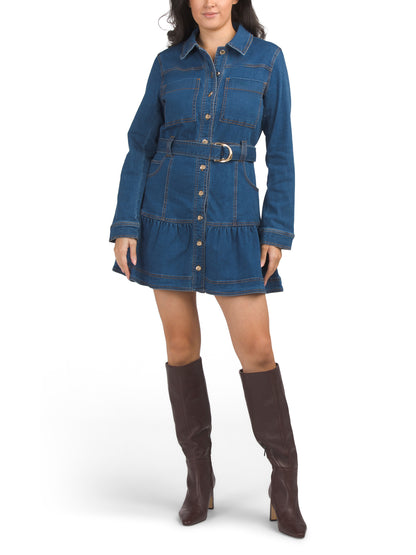 HOUSE OF HARLOW 1960 Uzun Qollu Denim Düyməli Mini Geyim Öz-Bağlayan Kəmərlə