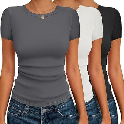 Ekouaer Qadın Qısa Kollu Köynək 3-Pack Crew Neck Yüksək Dar Fit Əsas Tişört Qara/Ağ/Qəhvəyi S