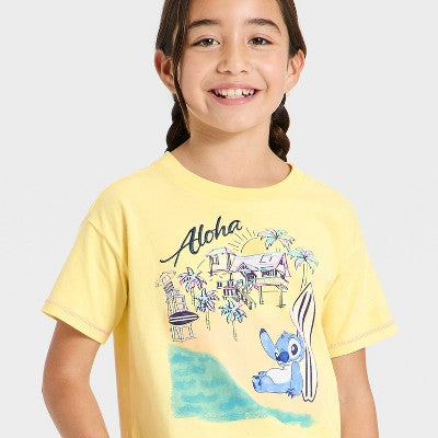 Lilo & Stitch Qız Uşaq Disney Lilo və Stitch "Aloha" Geniş Qısa Əsaslı Qrafik Köynək - Sarı M