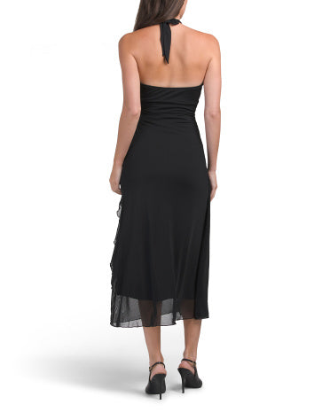SEE YOU MONDAY Mesh Halter Ruffle Tie Maxi Dress