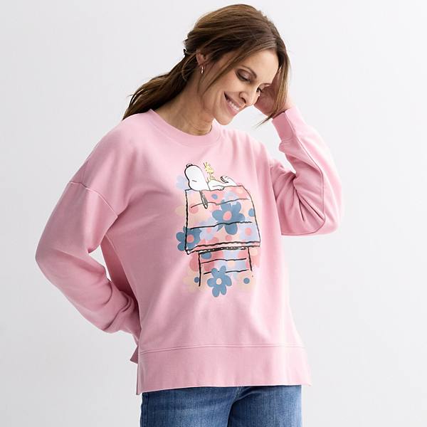 Qadın Peanuts Snoopy & Woodstock Çiçəkli Ev Qrafik Frənç Terri Sweatshirt