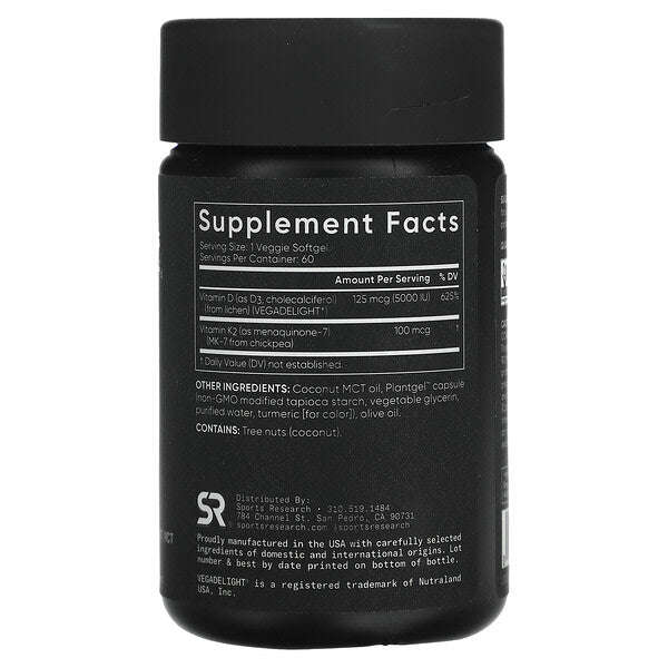Sports Research D3 K2 Bitki Əsaslı 125 Mcg 100 Mcg 60 Vegetasyon Softgel YoxYox