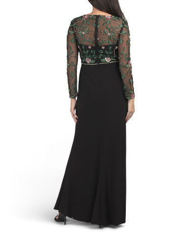 MAC DUGGAL Uzun Kollu 3D Boncuk və Pullu Geyim