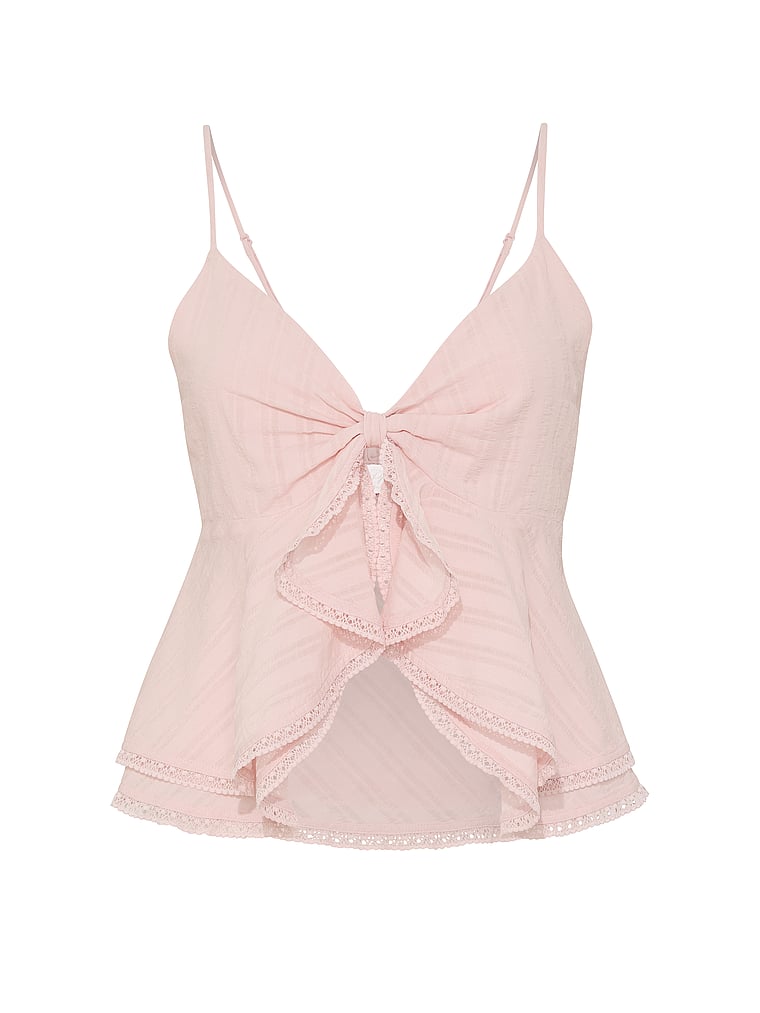 PINK High-Low Lace-Trim Ruﬄe Cami