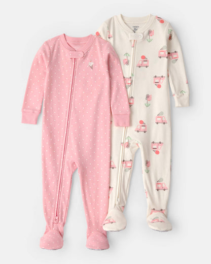Carter's Uşaq Qız 2-Pack Dondurma Maşını 100% Pambıq Dar Oturan 1-Hissəli Pijama - Çəhrayı/Fil Dişi