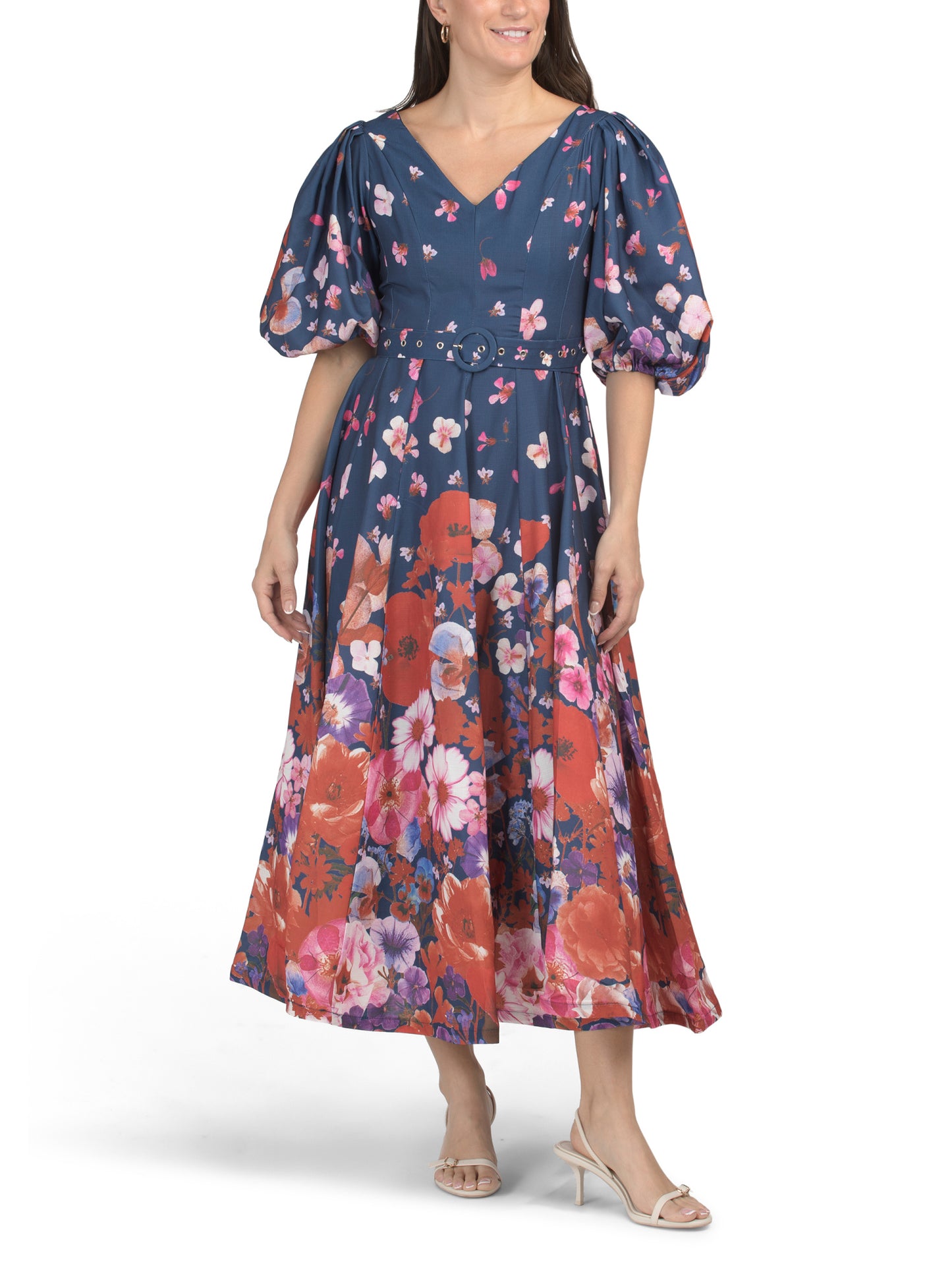DALIA MACPHEE Puff Sleeve Cascading Floral Maxi Geyim Kəmərli