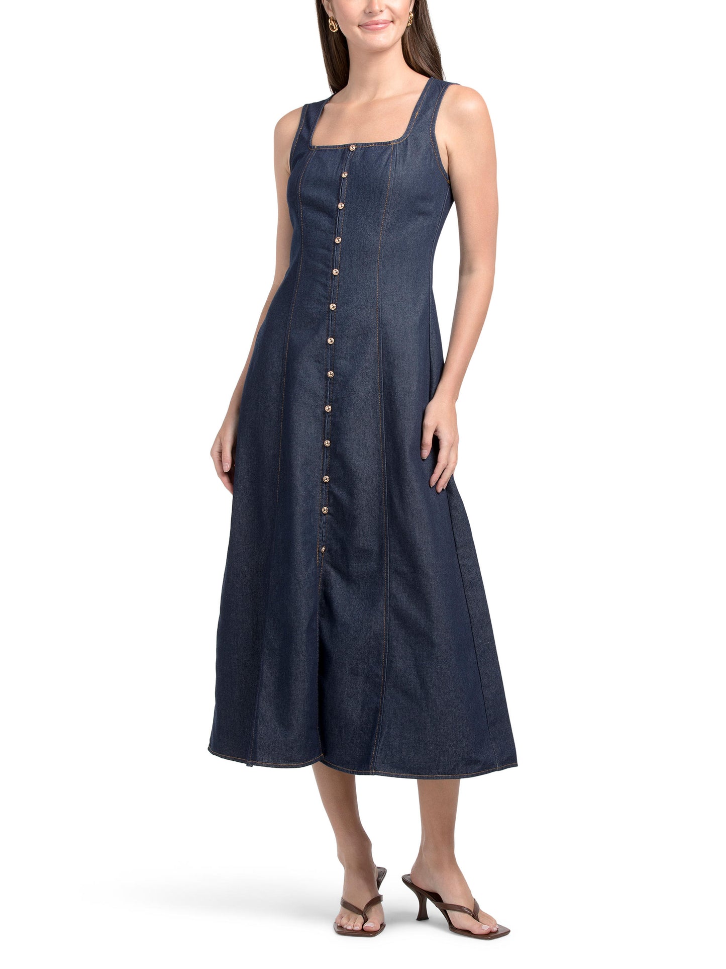 Kətən Qarışım Kolsuz Denim Maxi Geyim