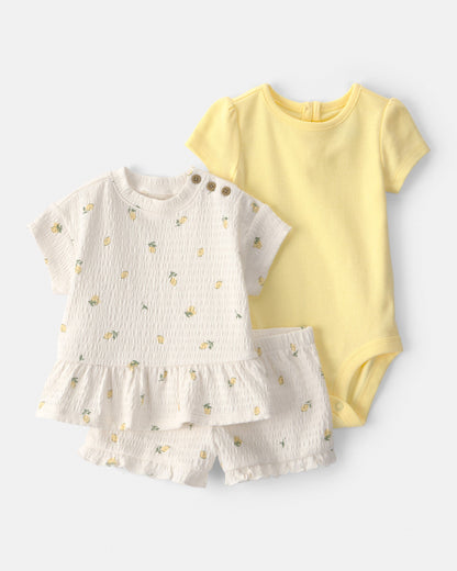 Carter's Qız Uşaq 3-Parçalı Limon Bluzka, Bodysuit və Şort Dəsti - Sarı/Fil Dişi
