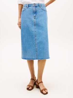 Tommy Hilfiger Xam Kənarı Denim Midi Etek, Orta Yuyulmuş