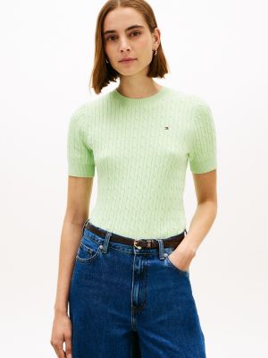 Tommy Hilfiger Qısa Kollu Kabel Örmə Sviter, Frosty Lime