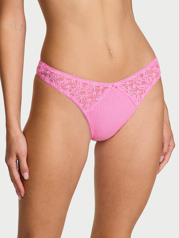 Victoria's Secret Pambaqlı Pointelle Çiçəkli Dantel Kənarı Yüksək Bel Tanga Şortu