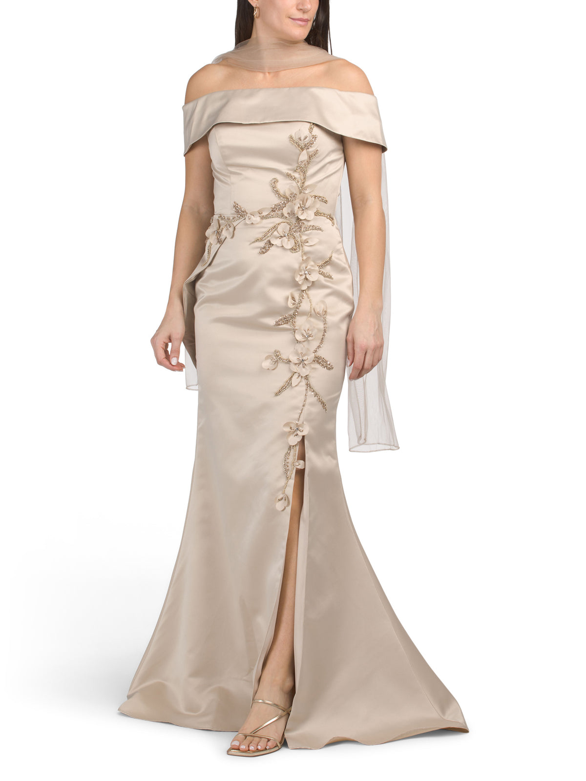 TERANI COUTURE Omuz Açıq 3D Çiçəkli Geyim
