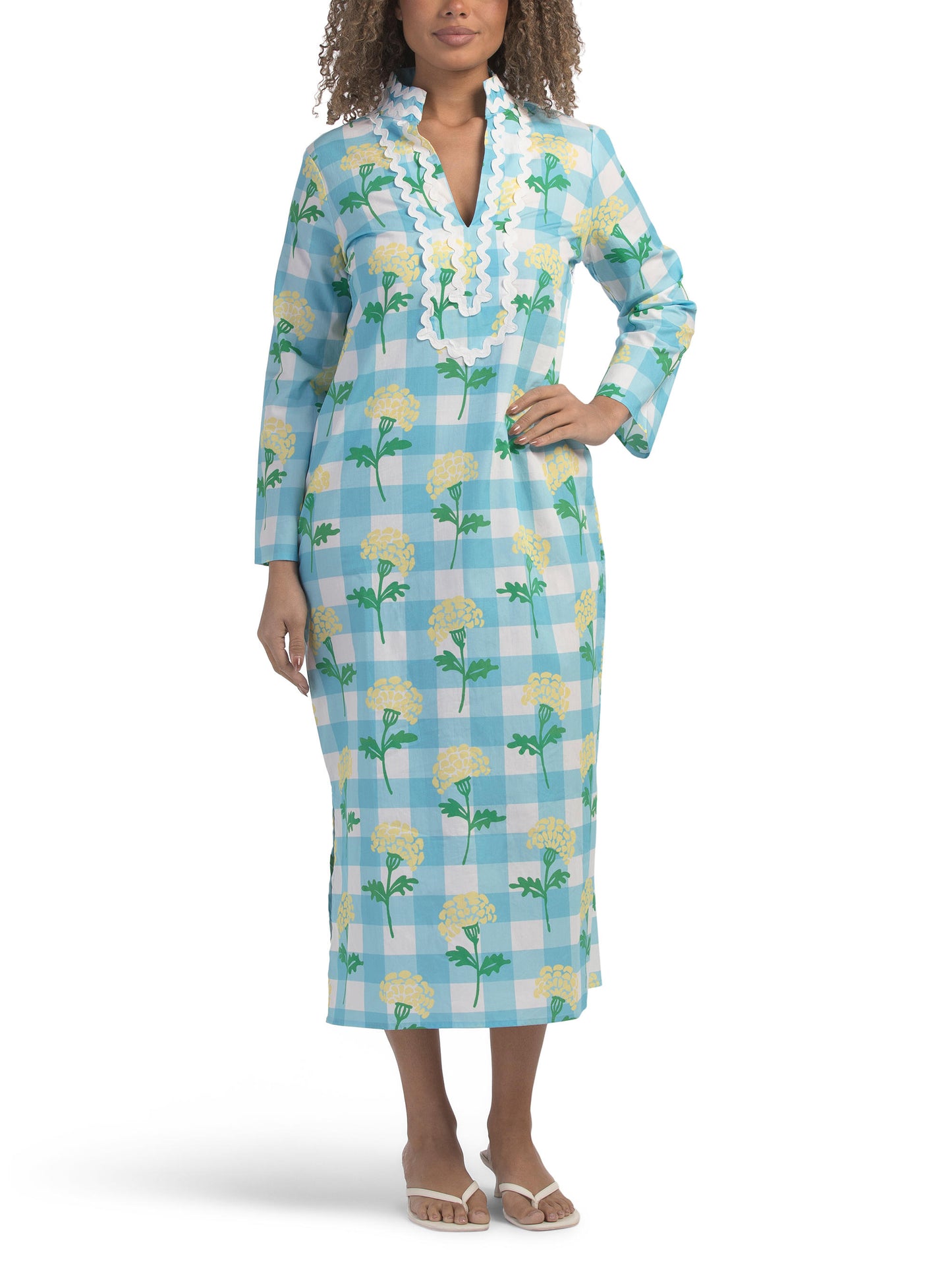 SAIL TO SABLE Uzun Kollu Kareli Çiçək Nəqşli Klassik Kaftan Geyimi
