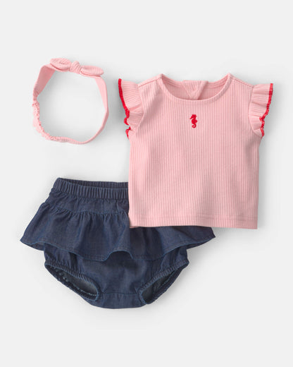 Carter's Qız Uşaq 3-Parça Başbağı, Bluzka və Chambray Şalvar Dəsti - Çəhrayı