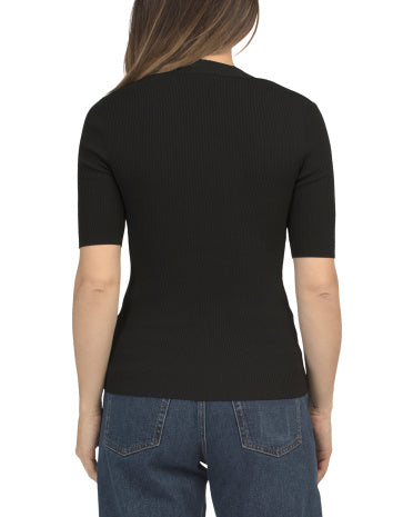 Elbow Sleeve V-neck Rib Pull Over Qadın Bluzası