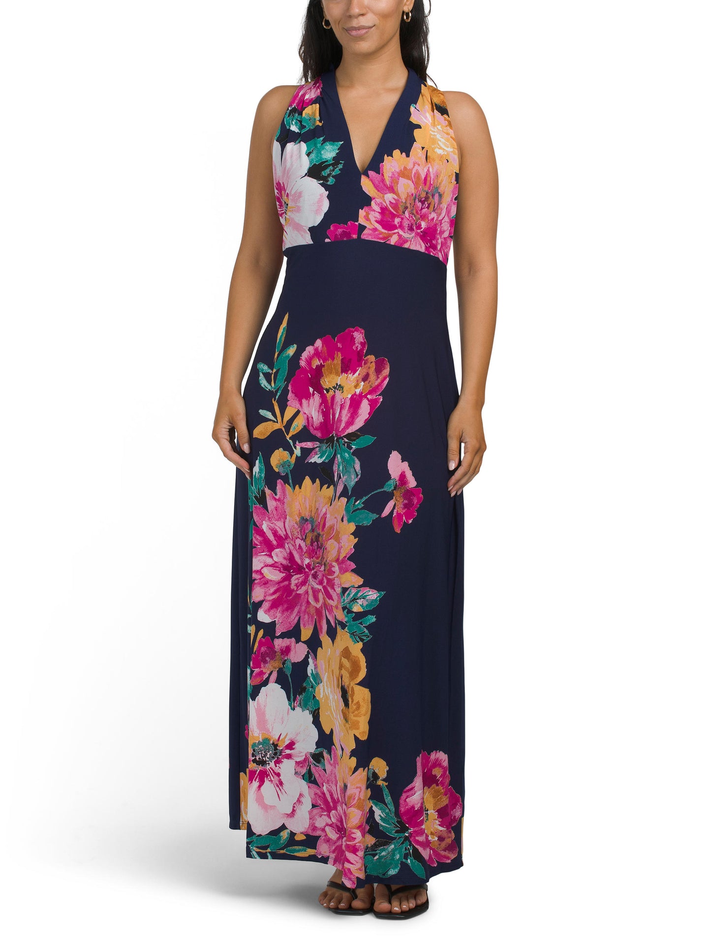 LONDON TIMES Halter V-Neck Maxi Geyim Yerləşdirmə Çapı ilə