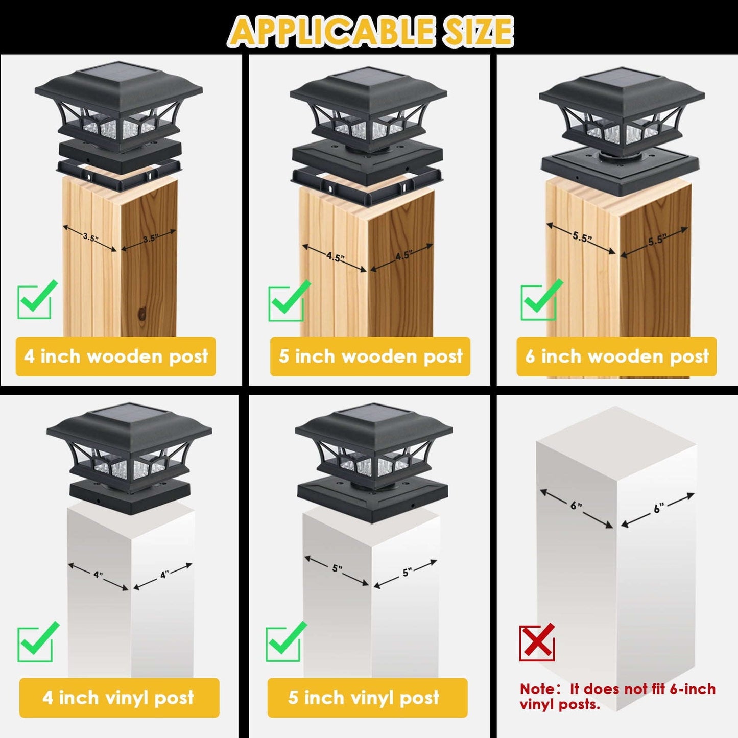 Mərtəbə Dirəyi Üçün Günəş İşıqları 4x4/5x5/6x6 Ağac/Vinil Dirəklər Üçün 6 Paket İki İşıq Rejimi LED İsti/Soyuq Ağ Bağ Həyətində Dekorasiya (Qara, 6) YoxYox