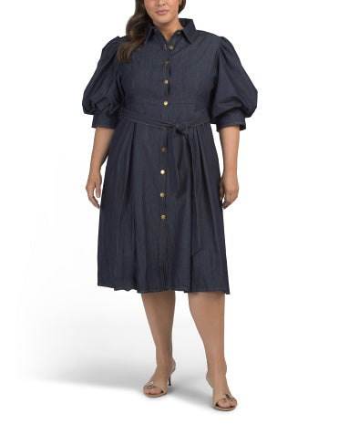 NANCY YANG Plus Puff Sleeve Belted Denim Midi Geyim