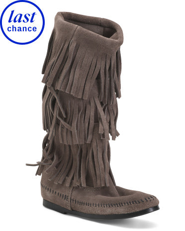 MINNETONKA Süet 3 Qatlı Uzun Frin Çəkmə