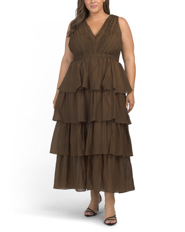 ENDLESS ROSE Plus Crinkled Deep V-neck Tiered Maxi Dress