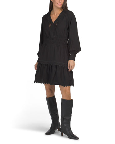 ELLEN TRACY Crinkle V-neck Mini Geyim Qara