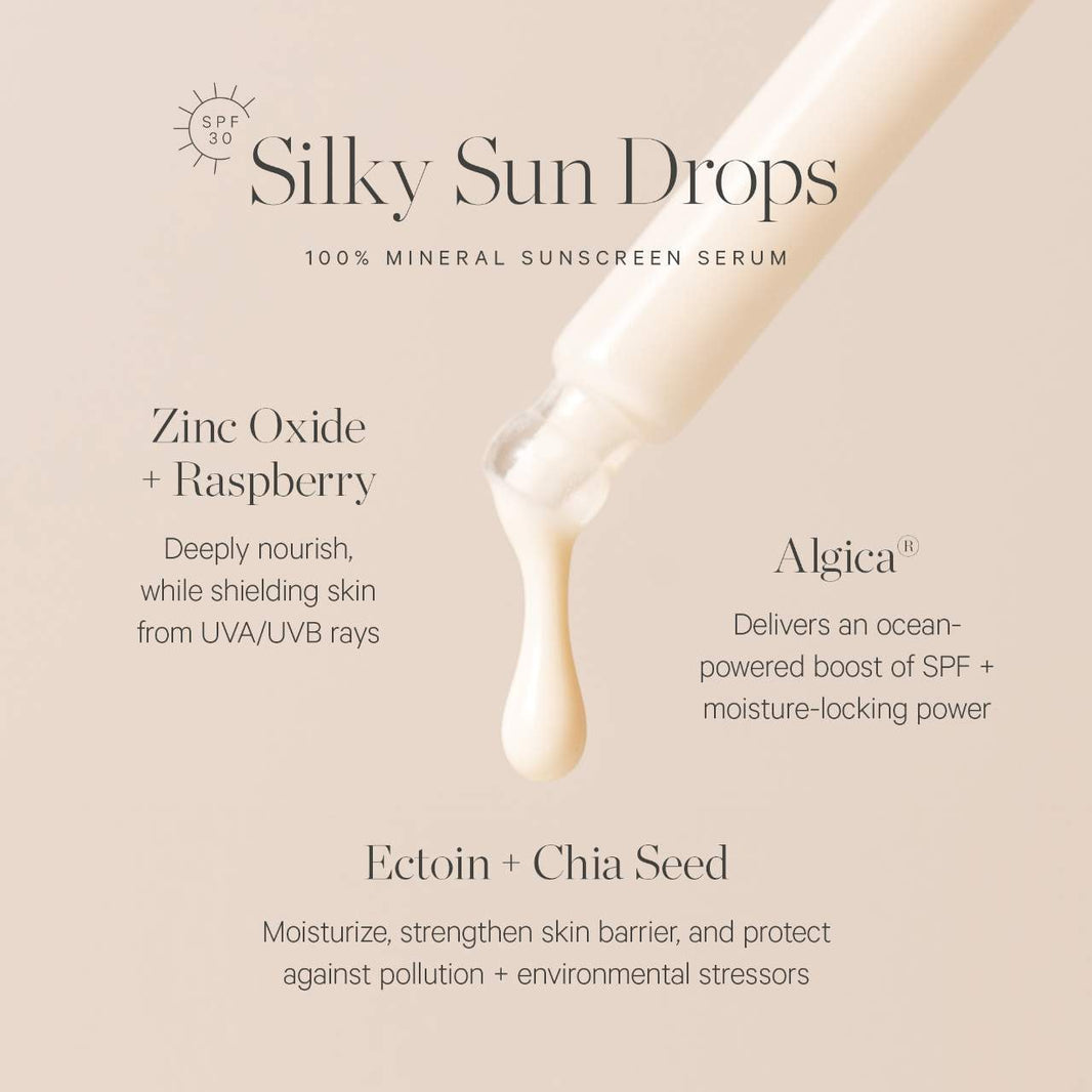 KORA Organics Silky Sun Drops Organik Günəş Kremi Serumu SPF 30 Dəri Maneəsinin Bərpası üçün