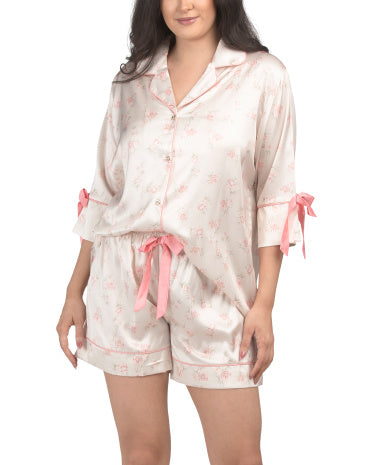 DALIA MACPHEE Çiçəkli Satin Bluzka və Şortlu Pijama Dəsti Qövs Detalları ilə