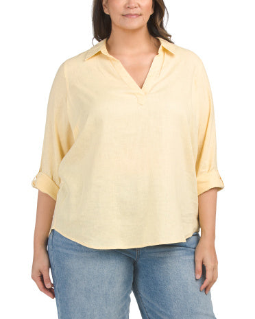 MARTHA STEWART COLLECTION Plus Kətən Qarışığı Popover Köynəyi