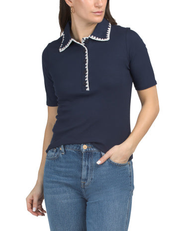 CYRUS Pick Stitch Collar Elbow Sleeve Top