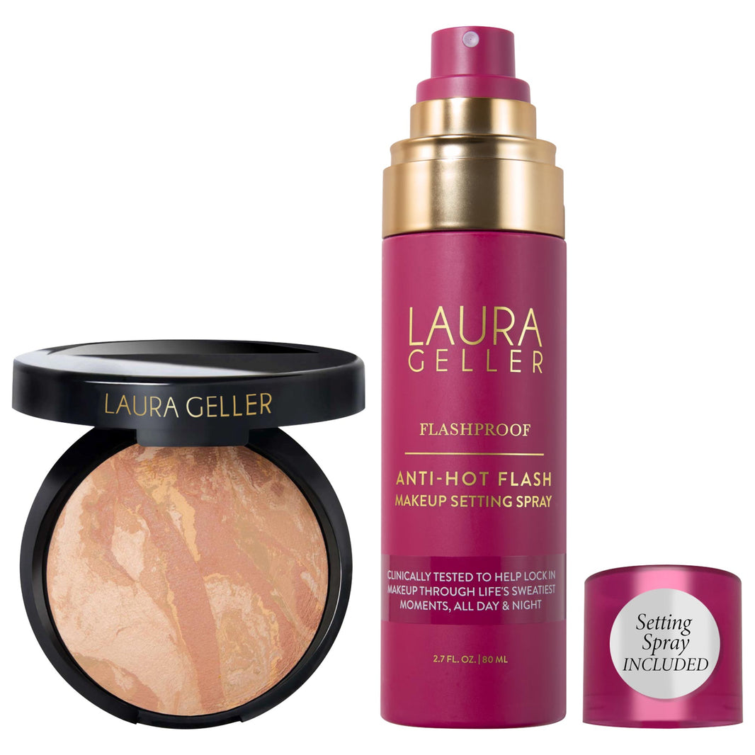 Laura Geller Balance and Brighten Rəng Düzəldən Bişirilmiş Powder Tonal Krem + FlashProof Anti-Isti Axac Setting Spreyı Dəsti
