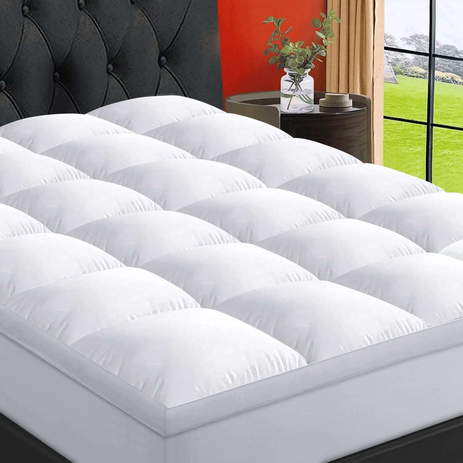 EMONIA 100% 400TC Matras Üstü Kraliçə Ölçüsü Bel Ağrısı Üçün, 900GSM Matras Pedi Yastıq Üstü, Yaqalı Tükəmilləştirilmiş Matras Qoruyucu Örtüyü 8-21" Dərin Elastik Cib ilə, Yumşaq Rahat Nəfəs Keçən (Ağ, Kraliçə) YoxYox