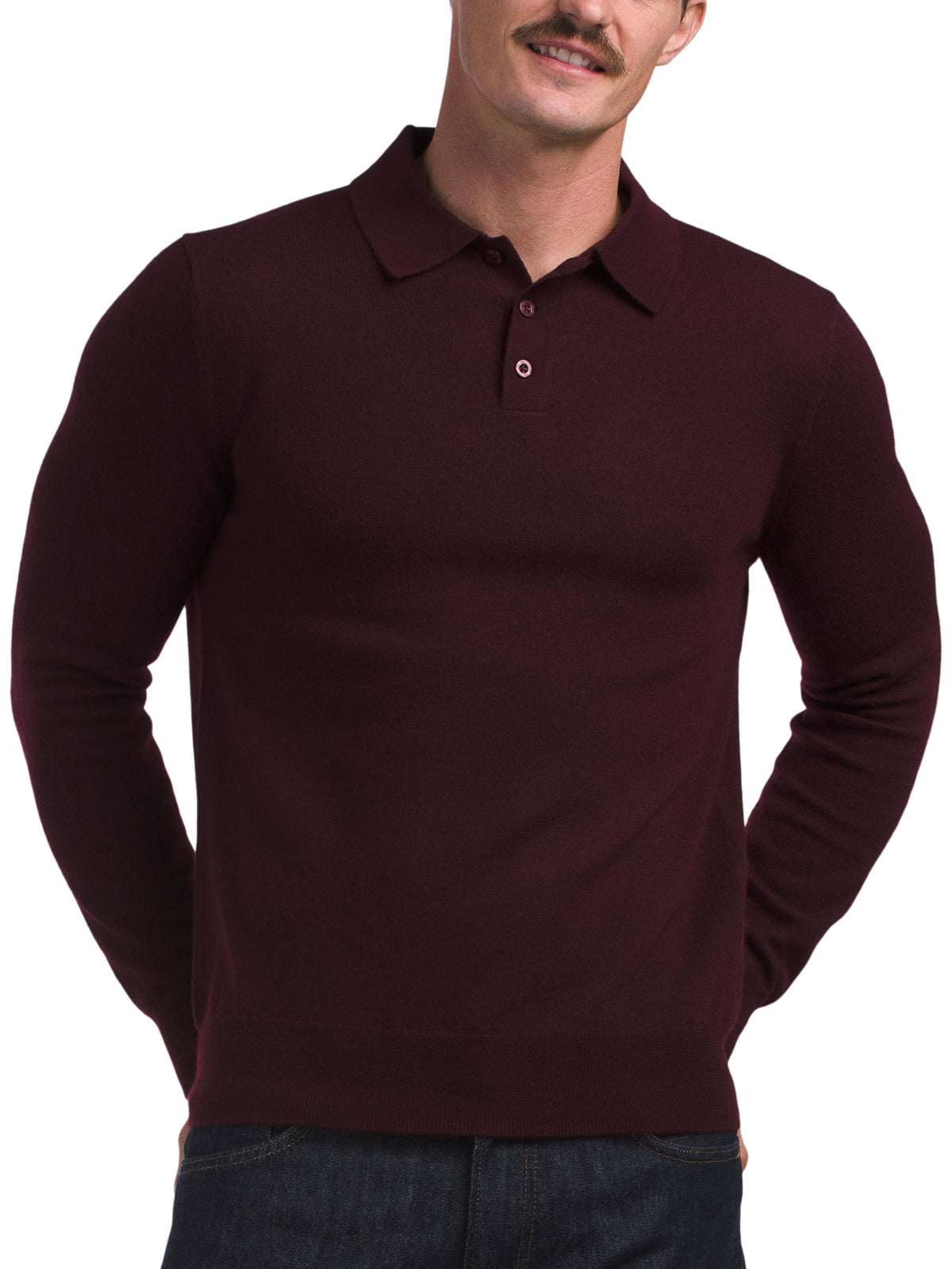Extrafine Merino Yünü Uzun Qol Üç Düymə Polo Sviter