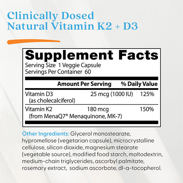 Doctor's Best Natural Vitamin K2 MK-7 Plus D3 180 Mcg 60 Veggie Caps