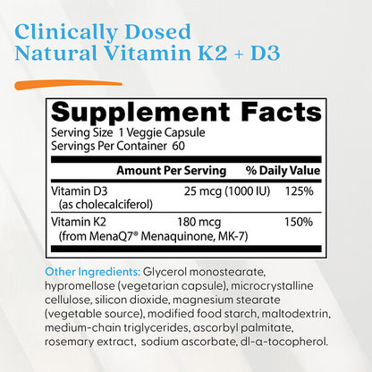 Doctor's Best Natural Vitamin K2 MK-7 Plus D3 180 Mcg 60 Veggie Caps