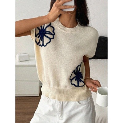 Coolmee Qadın Qısa Tərəvəz Çiçəkli Triko Bluza