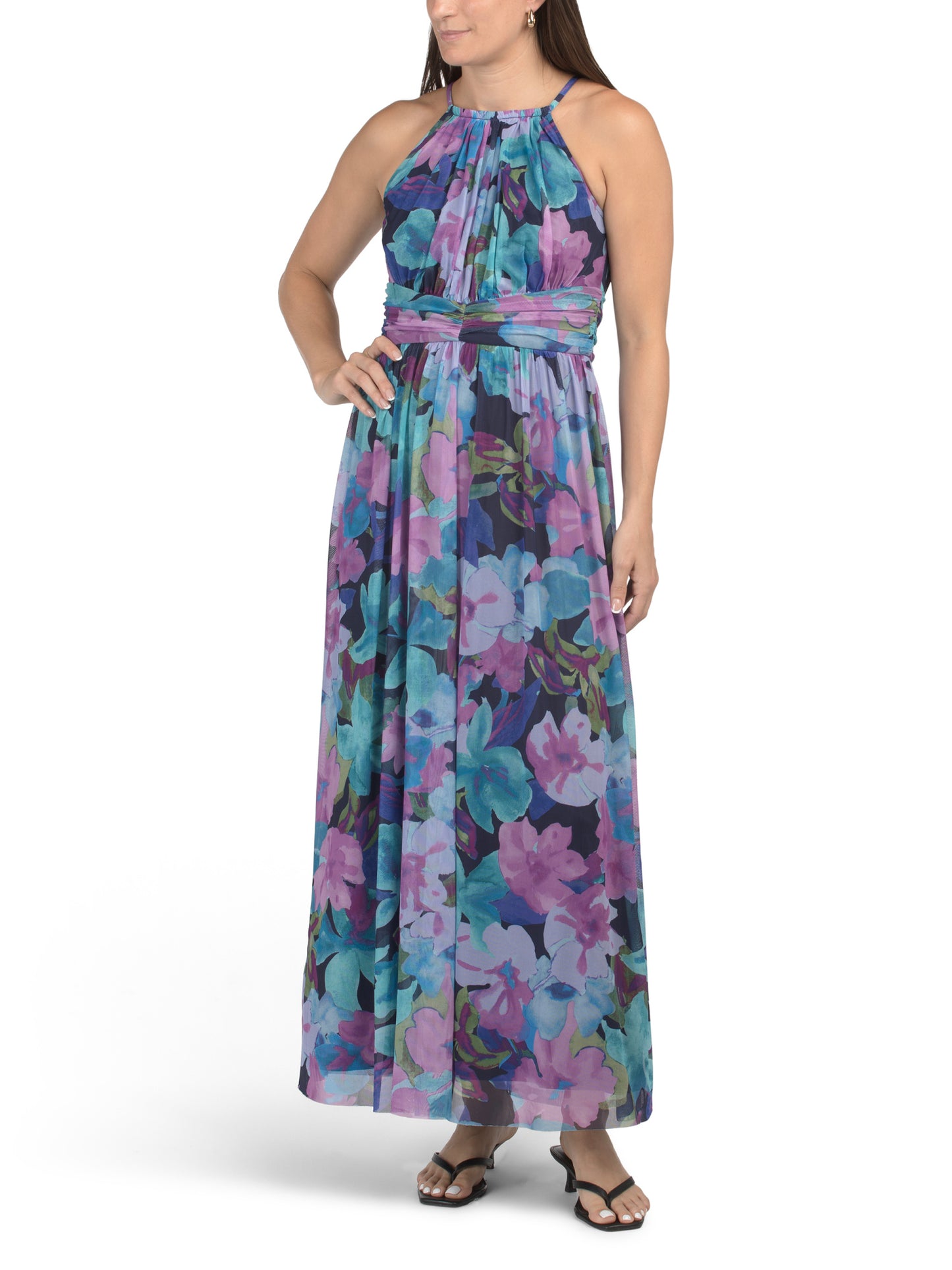 LONDON TIMES Ruched Waist Mesh Halter Neck Maxi Dress