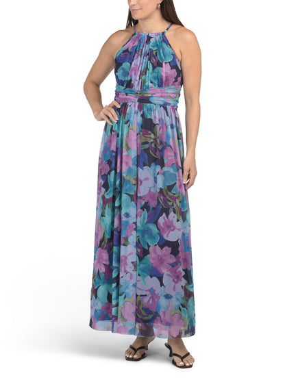 LONDON TIMES Ruched Waist Mesh Halter Neck Maxi Dress