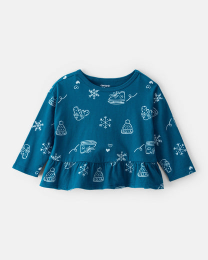 Carter's Qız Uşaq Qış Çapı Uzun Qollu Peplum Bluzka - Mavi