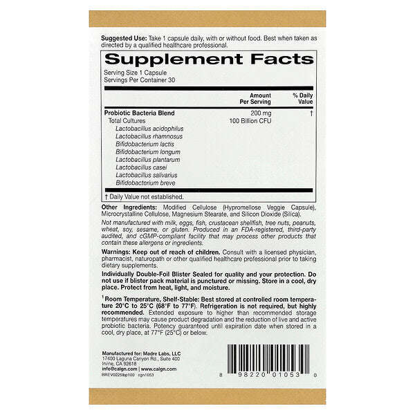 California Gold Nutrition Lactobif 100 Probiotiklər 100 Milyard CFU 30 Bitki Kapsulu YoxYox